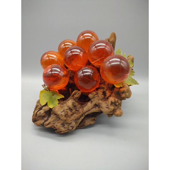 Vintage 11" Long MCM Large Orange Lucite Grape Cluster Burlwood Mid Century Mod - Picture 3 of 17